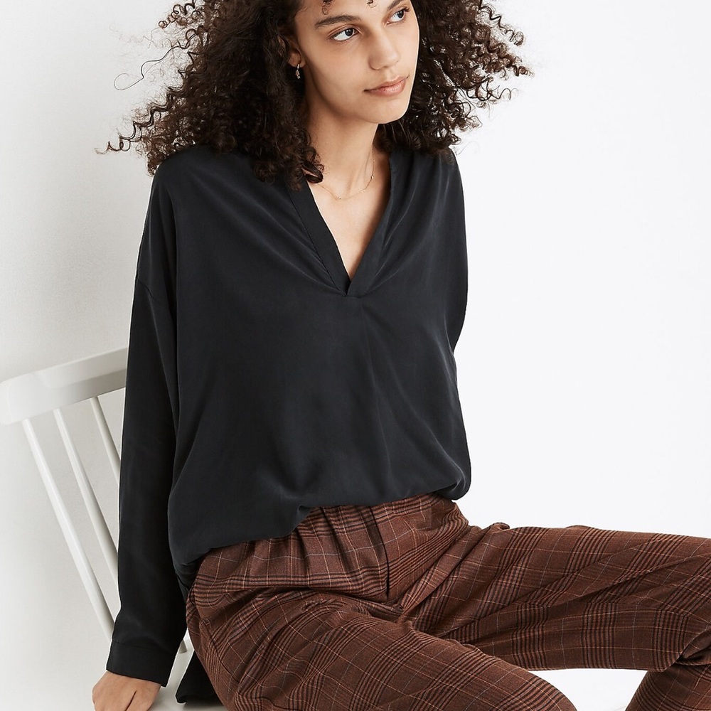 Madewell Sandwashed Popover Top Black NWT